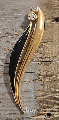 Vintage CHRISTIAN DIOR Gold Plated Black Enamel Crystal Rhinestone Leaf Brooch