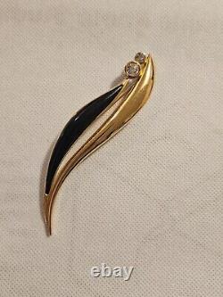 Vintage CHRISTIAN DIOR Gold Plated Black Enamel Crystal Rhinestone Leaf Brooch