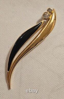 Vintage CHRISTIAN DIOR Gold Plated Black Enamel Crystal Rhinestone Leaf Brooch