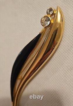 Vintage CHRISTIAN DIOR Gold Plated Black Enamel Crystal Rhinestone Leaf Brooch