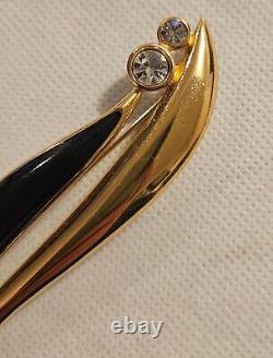 Vintage CHRISTIAN DIOR Gold Plated Black Enamel Crystal Rhinestone Leaf Brooch