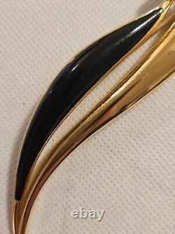 Vintage CHRISTIAN DIOR Gold Plated Black Enamel Crystal Rhinestone Leaf Brooch