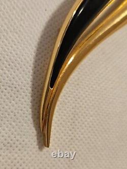 Vintage CHRISTIAN DIOR Gold Plated Black Enamel Crystal Rhinestone Leaf Brooch