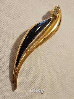 Vintage CHRISTIAN DIOR Gold Plated Black Enamel Crystal Rhinestone Leaf Brooch