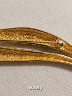 Vintage CHRISTIAN DIOR Gold Plated Black Enamel Crystal Rhinestone Leaf Brooch