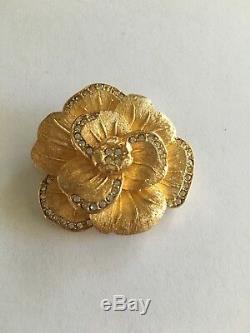 Vintage CHRISTIAN DIOR Ornate Gold Tone Crystal Rhinestone Flower Brooch Pin
