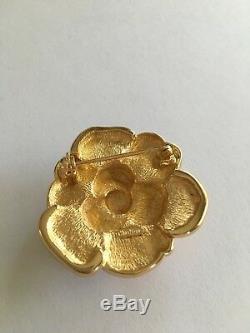 Vintage CHRISTIAN DIOR Ornate Gold Tone Crystal Rhinestone Flower Brooch Pin