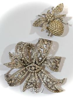 Vintage CINER Bow Brooch, Rhinestones, Estate, 3 Inches Long, Signed, Excellent