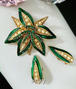 Vintage CINER Emerald Green Enamel Faux Pearl Rhinestone Flower Brooch Earrings