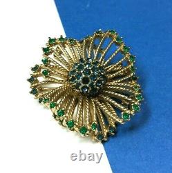 Vintage CINER Faux Sapphire & Emerald FLOWER BROOCH Rhinestone Gold XX49o