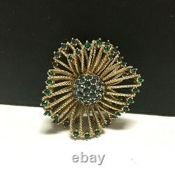 Vintage CINER Faux Sapphire & Emerald FLOWER BROOCH Rhinestone Gold XX49o