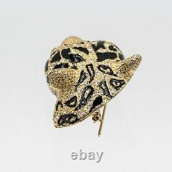 Vintage CINER Gold tone Black Enamel Rhinestone Leopard Head Brooch