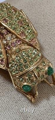 Vintage CINER Pink & Green Rhinestone Cicada Bug Brooch, Signed & Excellent