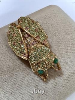 Vintage CINER Pink & Green Rhinestone Cicada Bug Brooch, Signed & Excellent