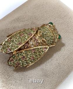 Vintage CINER Pink & Green Rhinestone Cicada Bug Brooch, Signed & Excellent