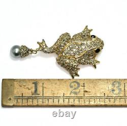 Vintage CINER Rare Pave Rhinestone Frog Faux Pearl Dangle Brooch