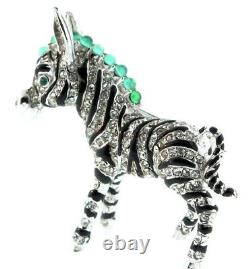 Vintage CINER Zebra Figural Rhinestone Emerald Cabochon Enamel Brooch Pin