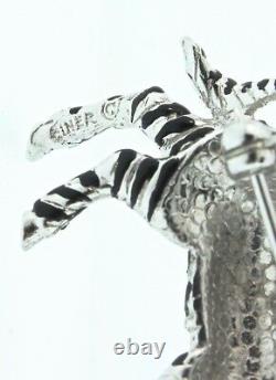 Vintage CINER Zebra Figural Rhinestone Emerald Cabochon Enamel Brooch Pin