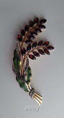 Vintage CORO 1940's Green Enamel Red Rhinestone Leaf Flower Large Brooch