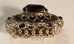 Vintage CORO Craft Jeweled Filigree Brooch. Gold Tn 1.5 Amethyst Glass Art Nuv S