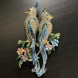 Vintage CORO DUETTE Bird Brooch Dress Clips Rhinestone Enamel Birds of Paradise