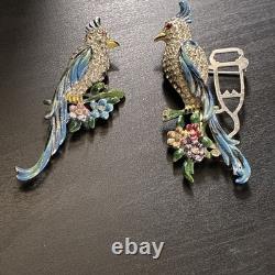 Vintage CORO DUETTE Bird Brooch Dress Clips Rhinestone Enamel Birds of Paradise