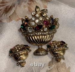 Vintage CORO Signed Rhinestone Brooch Earrings Are Harrice Miller Pat# 1057965