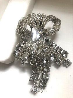 Vintage CORO old Brooch Fur Clip Large Clear Rhinestones Signed