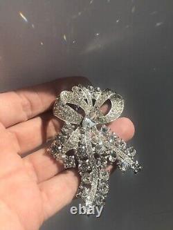 Vintage CORO old Brooch Fur Clip Large Clear Rhinestones Signed