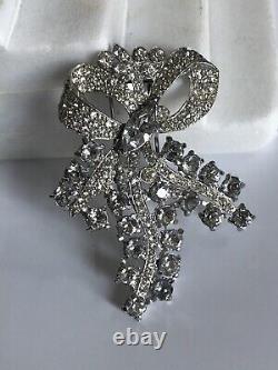 Vintage CORO old Brooch Fur Clip Large Clear Rhinestones Signed