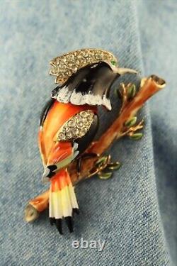 Vintage COROCRAFT Rhinestone Enamel Woodpecker Bird Trembler Pin Brooch Coro
