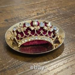 Vintage CROWN BROOCH PIN Gold Tone Burgundy Velvet Baroque Renaissance Victorian