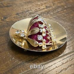 Vintage CROWN BROOCH PIN Gold Tone Burgundy Velvet Baroque Renaissance Victorian