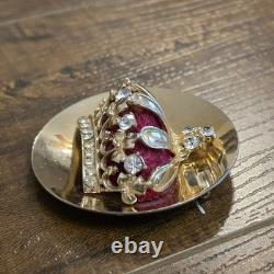 Vintage CROWN BROOCH PIN Gold Tone Burgundy Velvet Baroque Renaissance Victorian