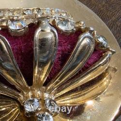 Vintage CROWN BROOCH PIN Gold Tone Burgundy Velvet Baroque Renaissance Victorian