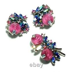 Vintage CROWN TRIFARI Pink SHOE BUTTON Brooch Earrings Set AB Rhinestone GLASS