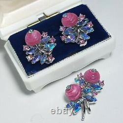 Vintage CROWN TRIFARI Pink SHOE BUTTON Brooch Earrings Set AB Rhinestone GLASS