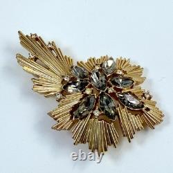 Vintage CROWN TRIFARI Signed Smokey Gray & Clear Rhinestone Starburst Brooch