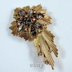 Vintage CROWN TRIFARI Signed Smokey Gray & Clear Rhinestone Starburst Brooch