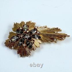 Vintage CROWN TRIFARI Signed Smokey Gray & Clear Rhinestone Starburst Brooch