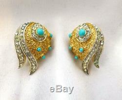 Vintage CROWN TRIFARI Turquoise Cabochon & Rhinestone Brooch & Earrings Set