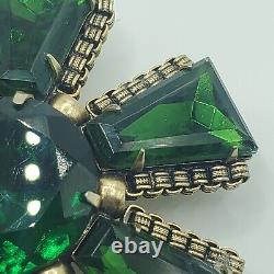 Vintage CZECH Deep Green Brilliant & Tapered Baguette Crystal Rhinestone Brooch