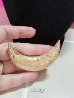 Vintage Christian Dior Clear Rhinestone Gold Tone Crescent Brooch Signed