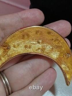 Vintage Christian Dior Clear Rhinestone Gold Tone Crescent Brooch Signed