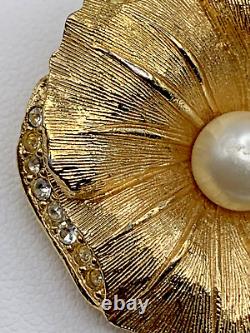 Vintage Christian Dior Faux Pearl Rhinestone Flower Gold Tone Brooch Pin