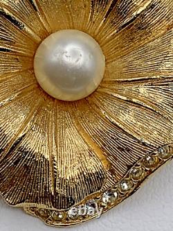 Vintage Christian Dior Faux Pearl Rhinestone Flower Gold Tone Brooch Pin