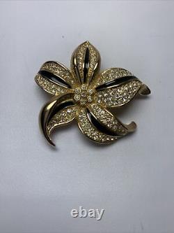 Vintage Christian Dior Flower Crystal Enamel Rhinestone Gold Tone Brooch Pin