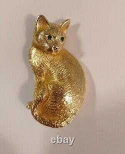 Vintage Christian Dior Gold Toned Cat Pin Brooch Green Rhinestone Eyes Signed