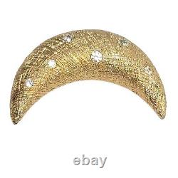 Vintage Christian Dior Goldtone Clear Rhinestone Crescent Moon Brooch Pin Signed