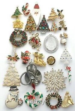 Vintage Christmas Brooches Lot of 27 Enamel Rhinestone Tree Pins Santa Claus